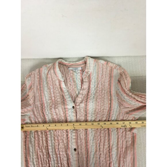 Dressbarn Womens Top Size 1X Pink White Green Striped Button Up Blouse V neck - Picture 9 of 14
